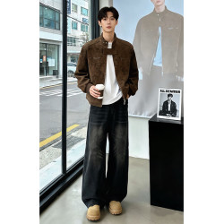 黑色美式微喇牛仔褲男冬季加絨加厚褲子新塘高質量復古寬鬆彎刀褲