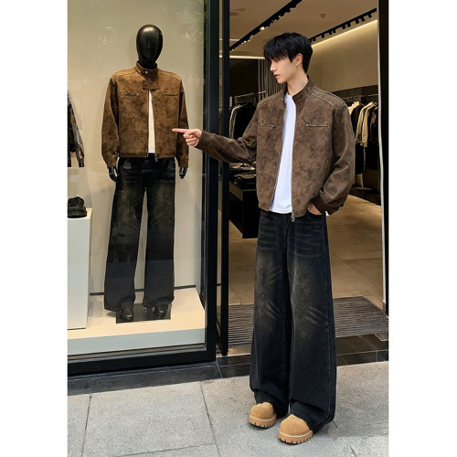 黑色美式微喇牛仔褲男冬季加絨加厚褲子新塘高質量復古寬鬆彎刀褲