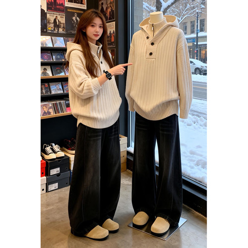 黑色美式微喇牛仔褲男冬季加絨加厚褲子新塘高質量復古寬鬆彎刀褲