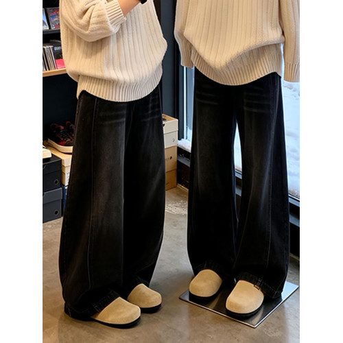 黑色美式微喇牛仔褲男冬季加絨加厚褲子新塘高質量復古寬鬆彎刀褲