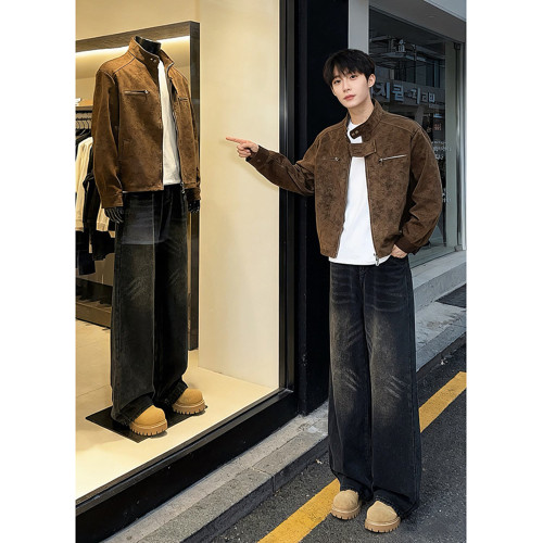 黑色美式微喇牛仔褲男冬季加絨加厚褲子新塘高質量復古寬鬆彎刀褲