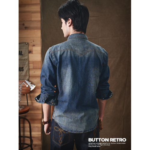 美式復古阿美哢嘰純棉深藍西部牛仔襯衫重磅RL休閒工裝襯衣男長袖