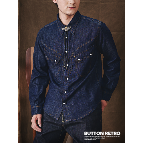 美式復古阿美哢嘰純棉深藍西部牛仔襯衫重磅RL休閒工裝襯衣男長袖