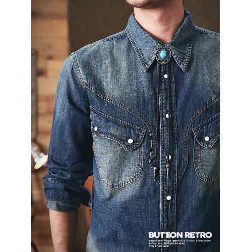 美式復古阿美哢嘰純棉深藍西部牛仔襯衫重磅RL休閒工裝襯衣男長袖