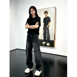 美式高街斜切彎刀牛仔褲男款冬季水洗做舊濶腿褲子直筒伐木工裝褲