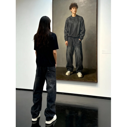 美式高街斜切彎刀牛仔褲男款春季水洗做舊濶腿褲子直筒伐木工裝褲