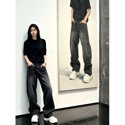 美式高街斜切彎刀牛仔褲男款春季水洗做舊濶腿褲子直筒伐木工裝褲