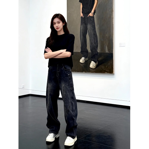 美式高街斜切彎刀牛仔褲男款春季水洗做舊濶腿褲子直筒伐木工裝褲