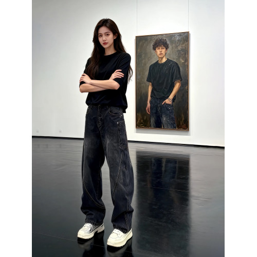 美式高街斜切彎刀牛仔褲男款春季水洗做舊濶腿褲子直筒伐木工裝褲