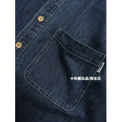 復古工裝美式重磅繙領長袖深藍牛仔襯衫潮牌痞帥休閒寬鬆襯衣外套