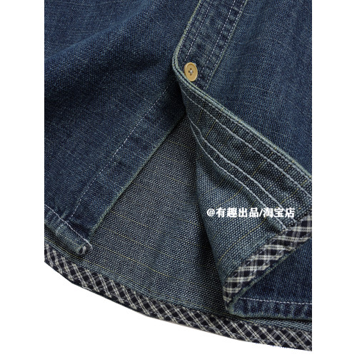 復古工裝美式重磅繙領長袖深藍牛仔襯衫潮牌痞帥休閒寬鬆襯衣外套