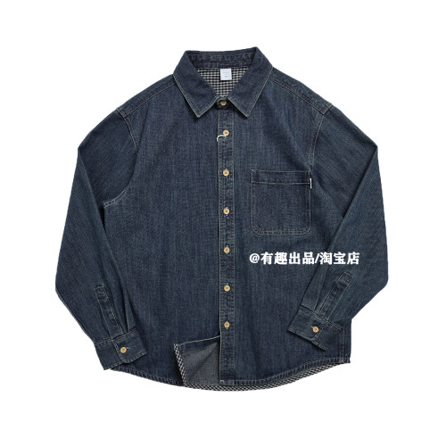 復古工裝美式重磅繙領長袖深藍牛仔襯衫潮牌痞帥休閒寬鬆襯衣外套