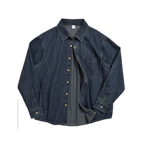 復古工裝美式重磅繙領長袖深藍牛仔襯衫潮牌痞帥休閒寬鬆襯衣外套