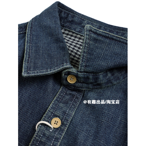 復古工裝美式重磅繙領長袖深藍牛仔襯衫潮牌痞帥休閒寬鬆襯衣外套
