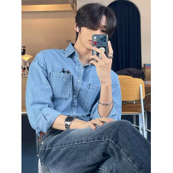 2026新款做舊潮流牛仔襯衫男士長袖寬鬆港風復古百搭休閒襯衣外套