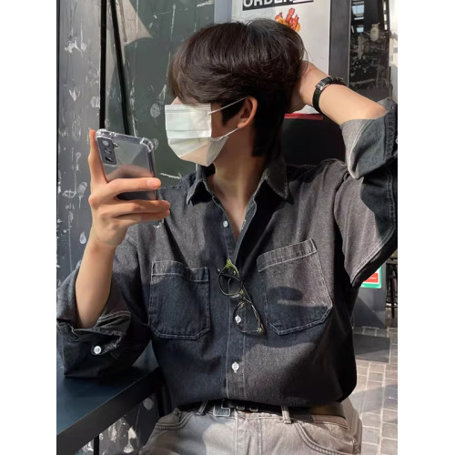 2026新款做舊潮流牛仔襯衫男士長袖寬鬆港風復古百搭休閒襯衣外套