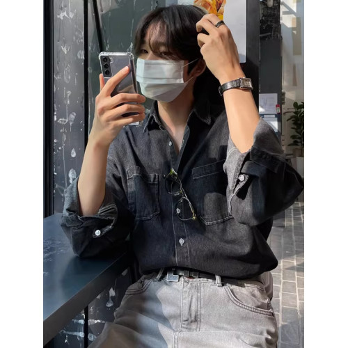 2026新款做舊潮流牛仔襯衫男士長袖寬鬆港風復古百搭休閒襯衣外套