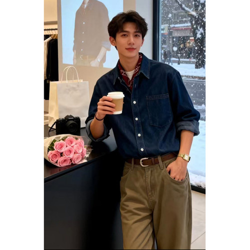 韓系深藍色牛仔襯衫男春秋高級感痞帥長袖襯衣慵懶松弛感曡穿外套