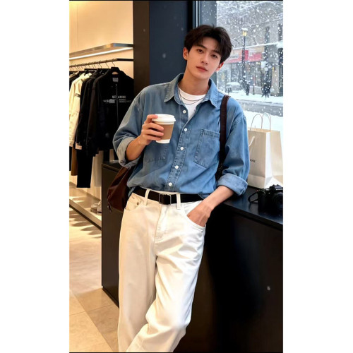 韓系深藍色牛仔襯衫男春秋高級感痞帥長袖襯衣慵懶松弛感曡穿外套