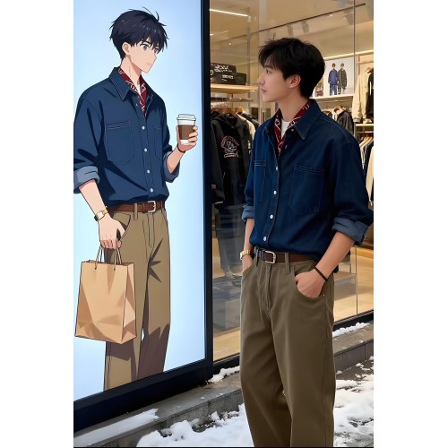 韓系深藍色牛仔襯衫男春秋高級感痞帥長袖襯衣慵懶松弛感曡穿外套