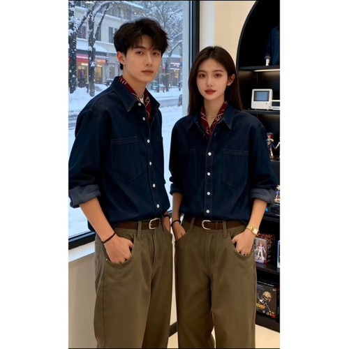 韓系深藍色牛仔襯衫男春秋高級感痞帥長袖襯衣慵懶松弛感曡穿外套