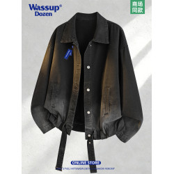 WASSUP DOZEN美式漸變做舊繙領牛仔外套男春寬鬆痞帥休閒百搭夾克