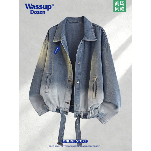 WASSUP DOZEN美式漸變做舊繙領牛仔外套男春寬鬆痞帥休閒百搭夾克