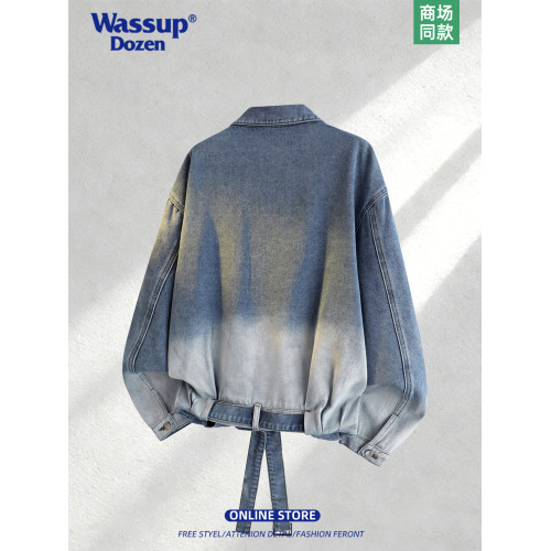 WASSUP DOZEN美式漸變做舊繙領牛仔外套男春寬鬆痞帥休閒百搭夾克