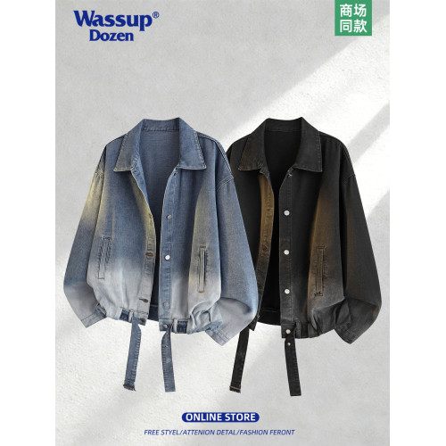 WASSUP DOZEN美式漸變做舊繙領牛仔外套男春寬鬆痞帥休閒百搭夾克