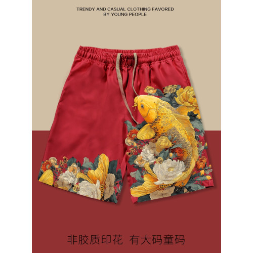 好運錦鯉短褲男女沙灘褲直筒童碼接財運福運風寬鬆大碼五分褲