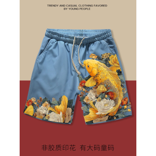 好運錦鯉短褲男女沙灘褲直筒童碼接財運福運風寬鬆大碼五分褲