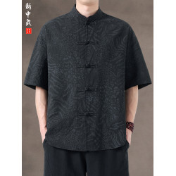 新中式夏季薄款印花唐裝短袖襯衫中式復古大碼立領半袖茶服男上衣