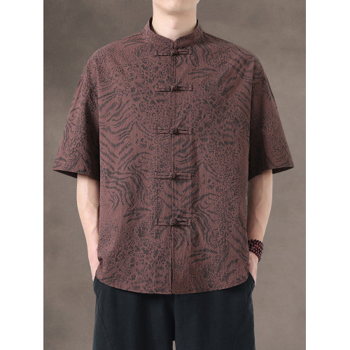 新中式夏季薄款印花唐裝短袖襯衫中式復古大碼立領半袖茶服男上衣 新中式夏季薄款印花唐裝短袖襯衫中式復古大碼立領半袖茶服男上衣