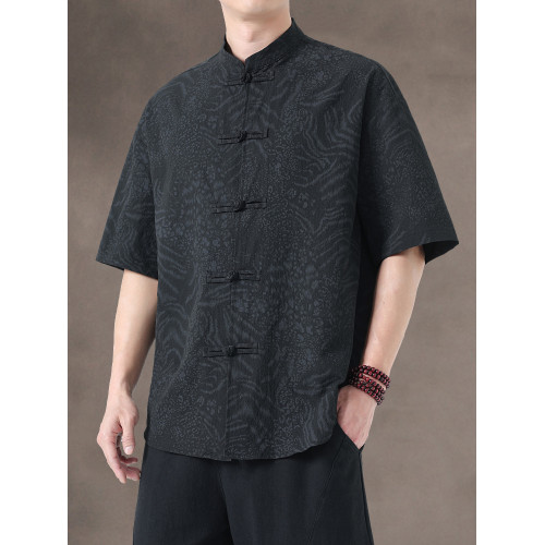 新中式夏季薄款印花唐裝短袖襯衫中式復古大碼立領半袖茶服男上衣 新中式夏季薄款印花唐裝短袖襯衫中式復古大碼立領半袖茶服男上衣