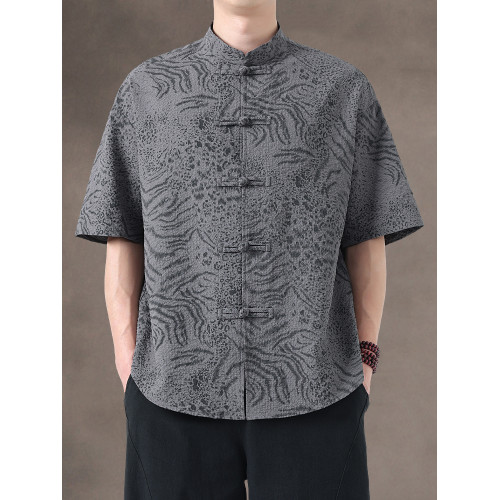 新中式夏季薄款印花唐裝短袖襯衫中式復古大碼立領半袖茶服男上衣 新中式夏季薄款印花唐裝短袖襯衫中式復古大碼立領半袖茶服男上衣