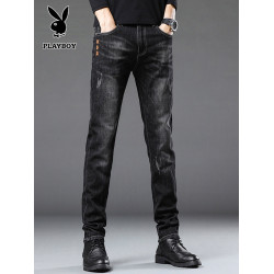 花花公子黑色牛仔褲男士秋冬新款加絨褲子男韓版修身直筒休閒長褲