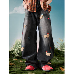 Nuthink美式刺綉小狗牛仔褲水洗復古加絨長褲男款褲子2026年春季