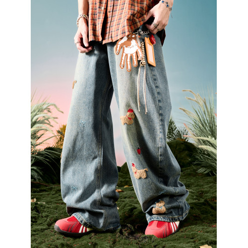 Nuthink美式刺綉小狗牛仔褲水洗復古加絨長褲男款褲子2026年春季