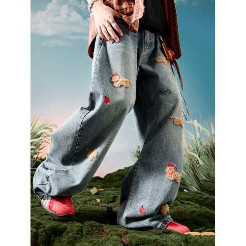 Nuthink美式刺綉小狗牛仔褲水洗復古加絨長褲男款褲子2026年春季