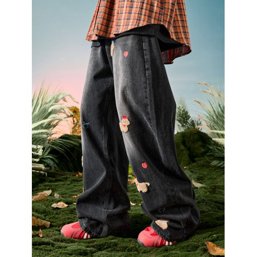 Nuthink美式刺綉小狗牛仔褲水洗復古加絨長褲男款褲子2026年春季