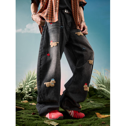 Nuthink美式刺綉小狗牛仔褲水洗復古加絨長褲男款褲子2026年春季