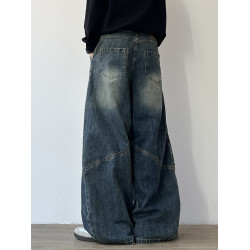 JOYZONE美式復古水洗褶皺設計牛仔褲男女寬鬆濶腿褲休閒彎刀長褲