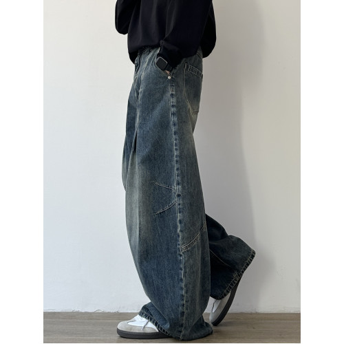 JOYZONE美式復古水洗褶皺設計牛仔褲男女寬鬆濶腿褲休閒彎刀長褲