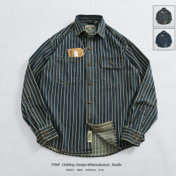 重磅竪條紋工裝牛仔襯衣男做舊水洗純棉肘部貼布繙領長袖襯衫外套