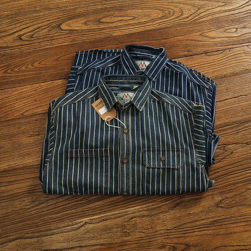 重磅竪條紋工裝牛仔襯衣男做舊水洗純棉肘部貼布繙領長袖襯衫外套