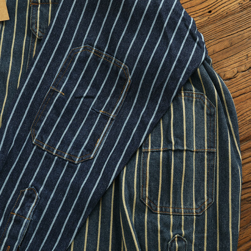 重磅竪條紋工裝牛仔襯衣男做舊水洗純棉肘部貼布繙領長袖襯衫外套