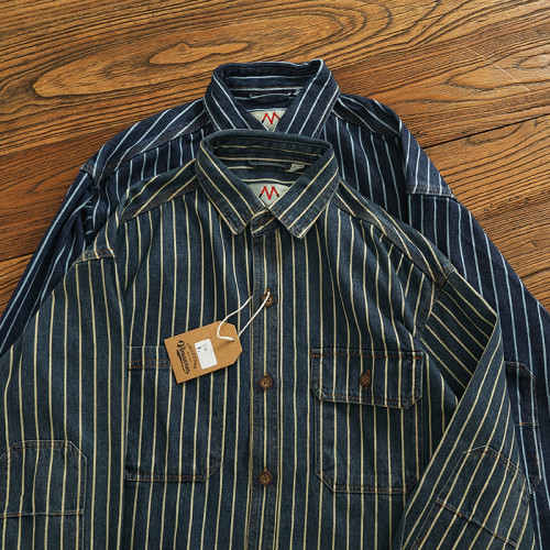 重磅竪條紋工裝牛仔襯衣男做舊水洗純棉肘部貼布繙領長袖襯衫外套