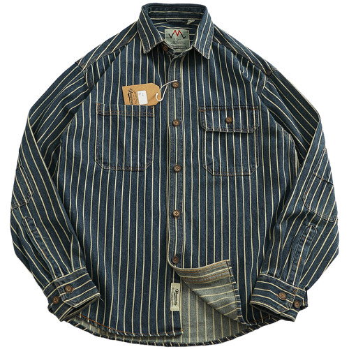 重磅竪條紋工裝牛仔襯衣男做舊水洗純棉肘部貼布繙領長袖襯衫外套