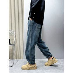 男款微喇牛仔褲冬季加絨休閒小直筒寬鬆復古痞帥藍色做舊工裝褲男