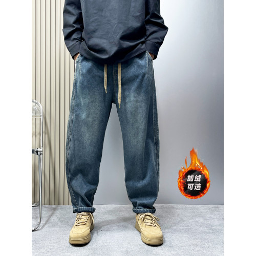 男款微喇牛仔褲冬季加絨休閒小直筒寬鬆復古痞帥藍色做舊工裝褲男